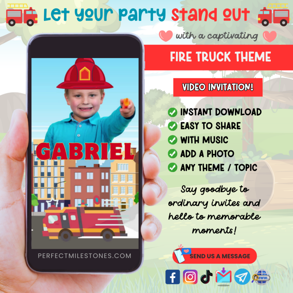 Fire Truck Birthday Themed Digital Video Invitation