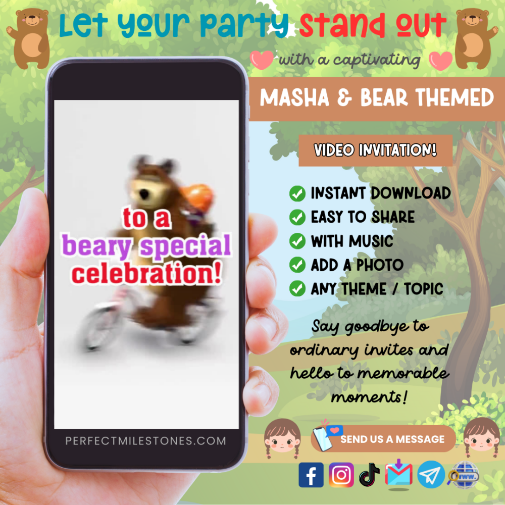 Masha And Bear Birthday Themed Digital Video Invitation