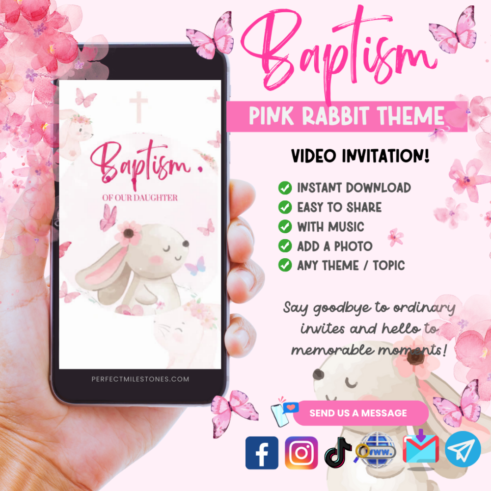 Pink Rabbit Baptism Themed Digital Video Invitation