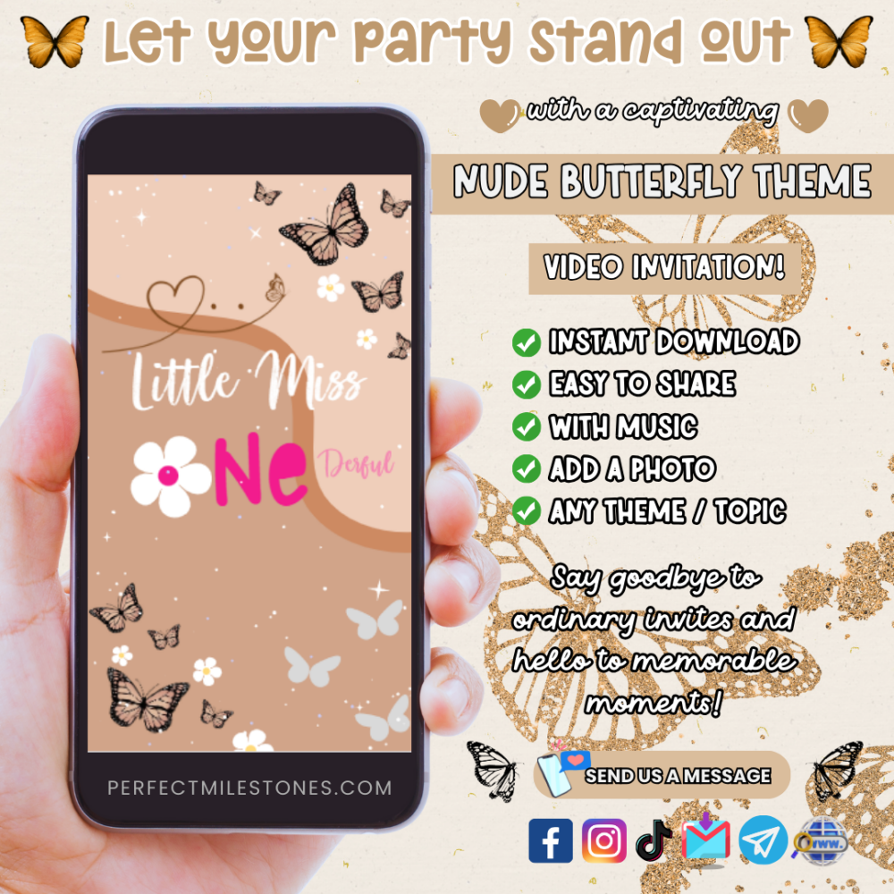 Nude Butterfly Birthday Themed Digital Video Invitation