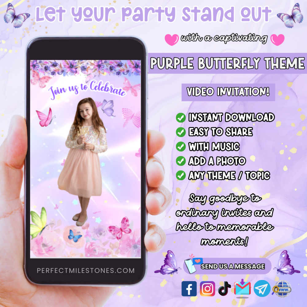 Purple Butterfly Birthday Themed Digital Video Invitation