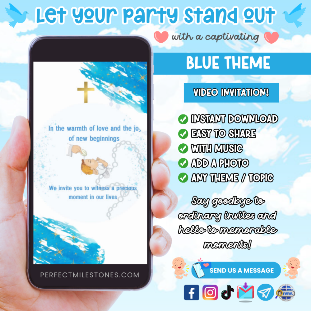 Blue Baptism Themed Digital Video Invitation