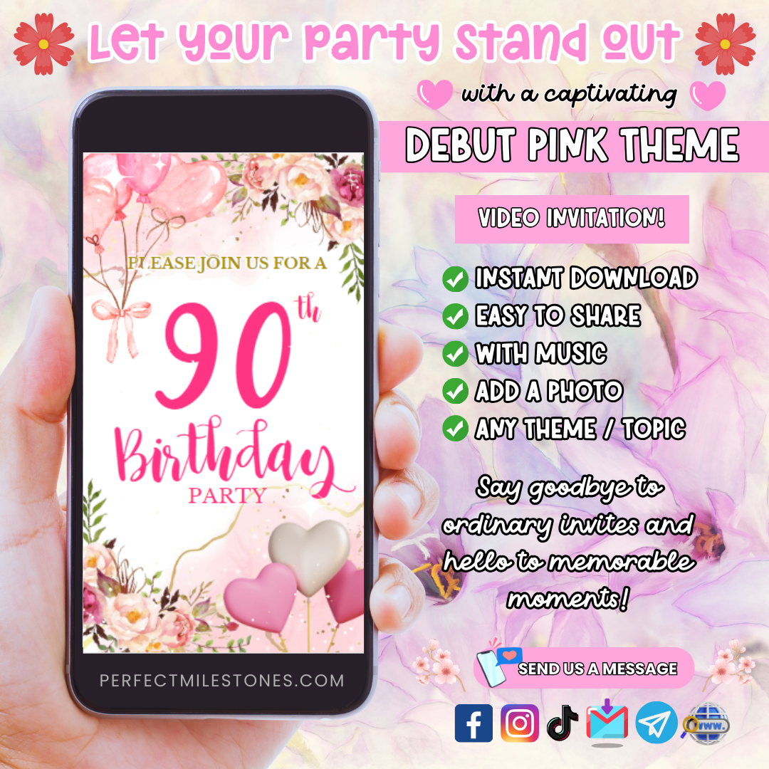 90th Pink Birthday Themed Digital Video Invitation