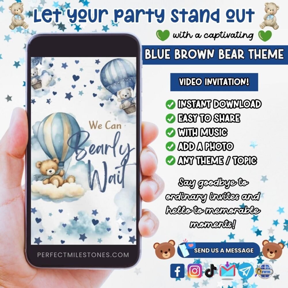 Blue Brown Christening Themed Digital Video Invitation