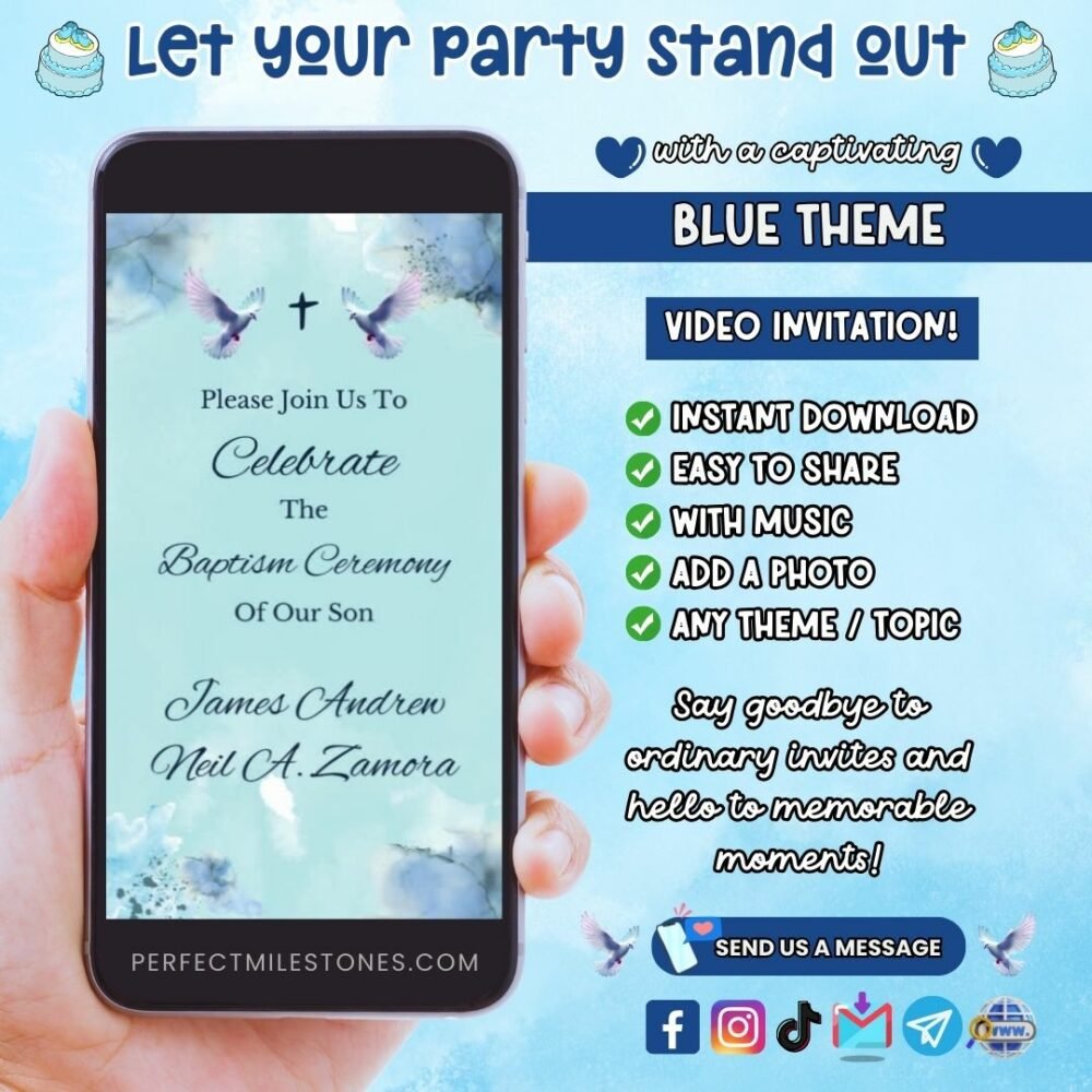 Blue Baptism Themed Digital Video Invitation