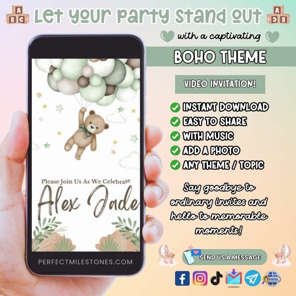 Boho Birthday & Christening Themed Digital Video Invitation