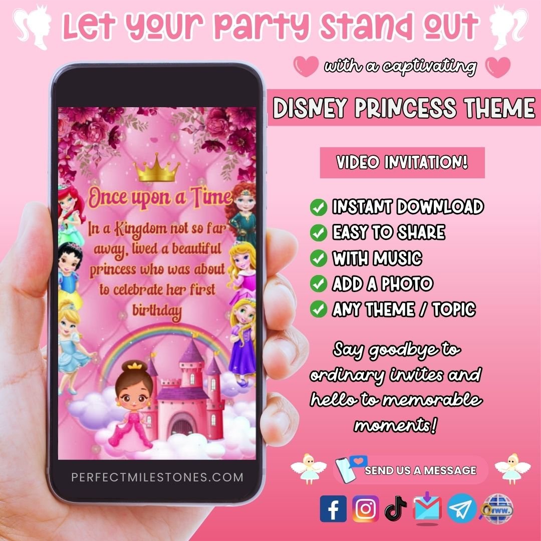 Disney Princess 3 Birthday Themed Digital Video Invitation
