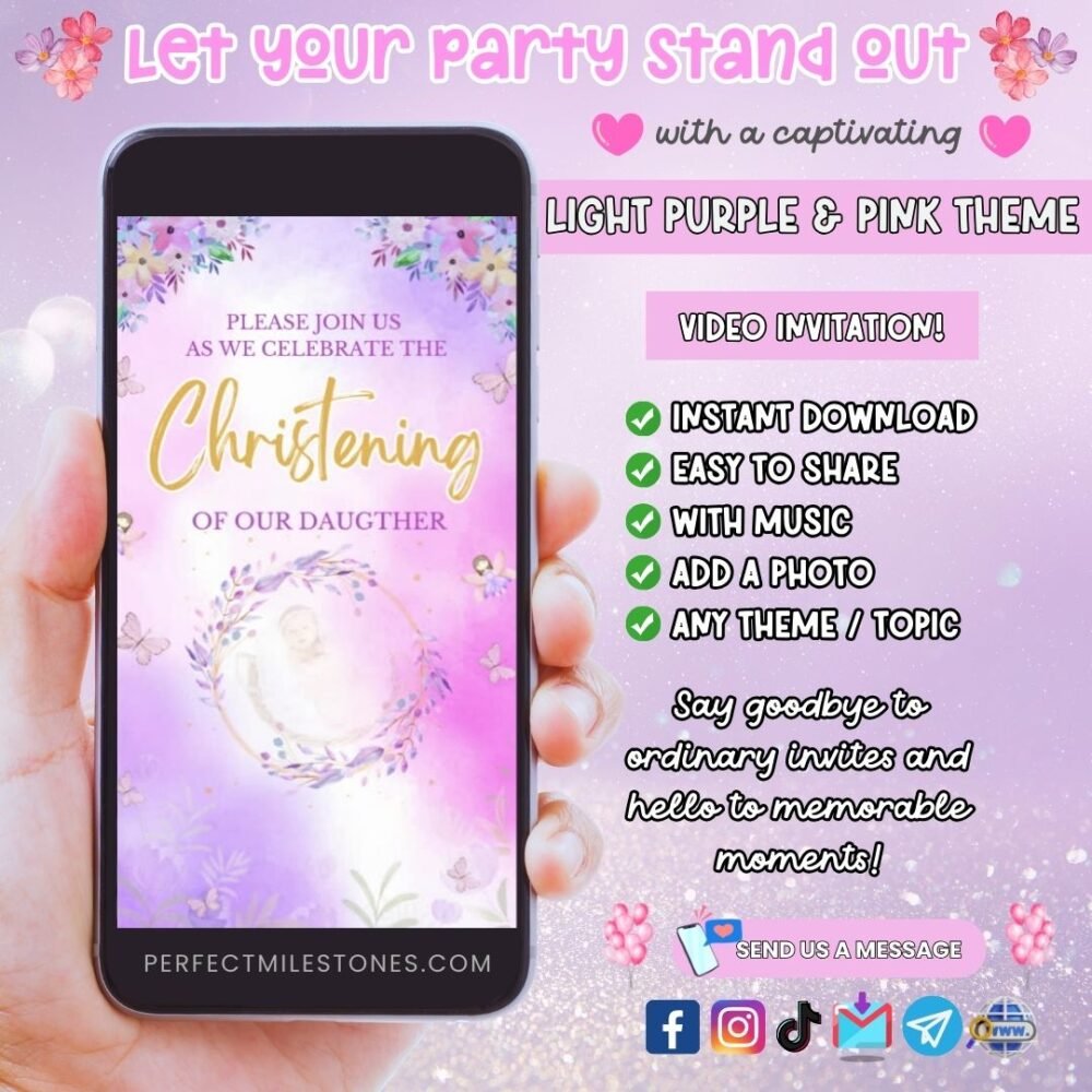 Light Purple & Pink Christening Themed Digital Video Invitation