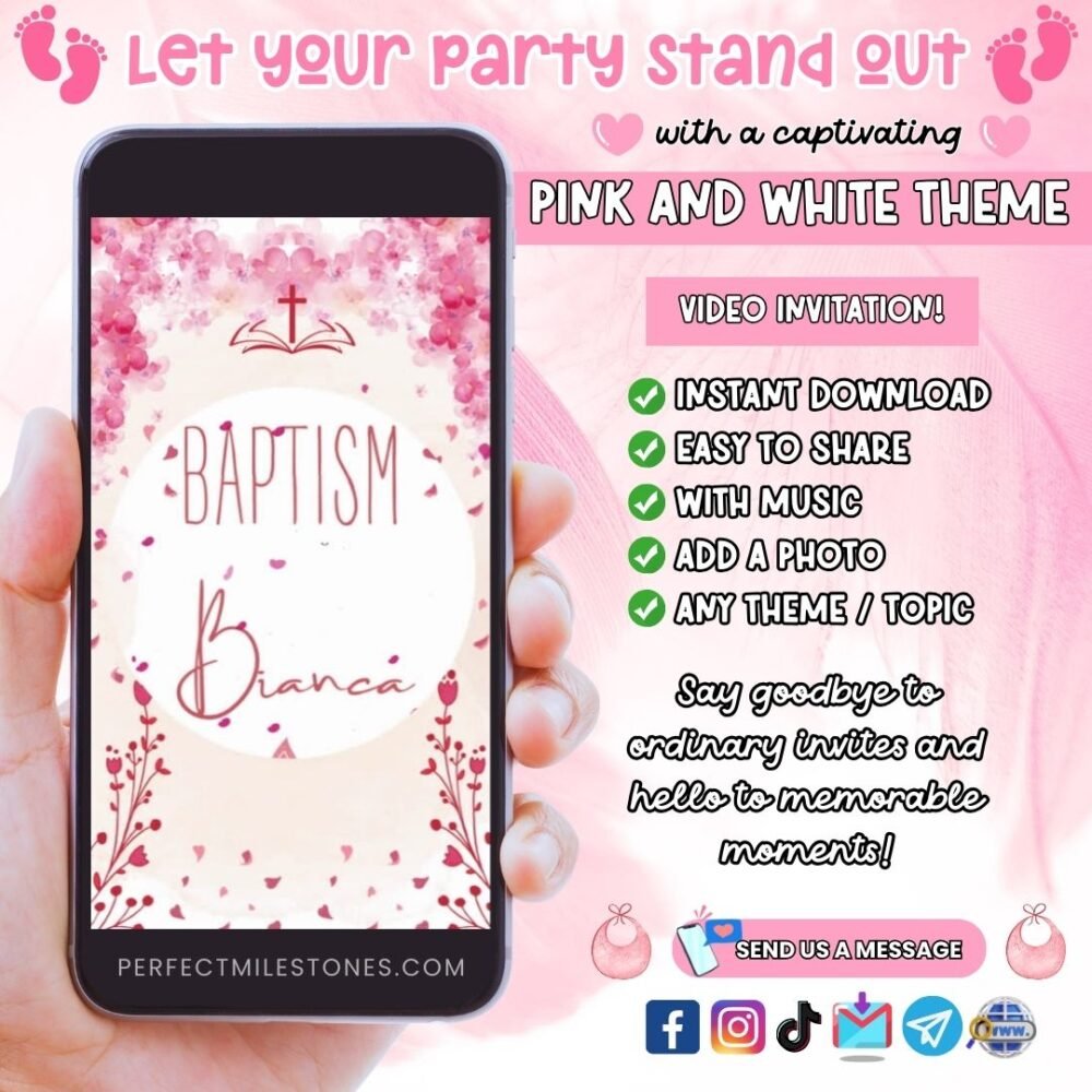Pink & White Baptism Themed Digital Video Invitation