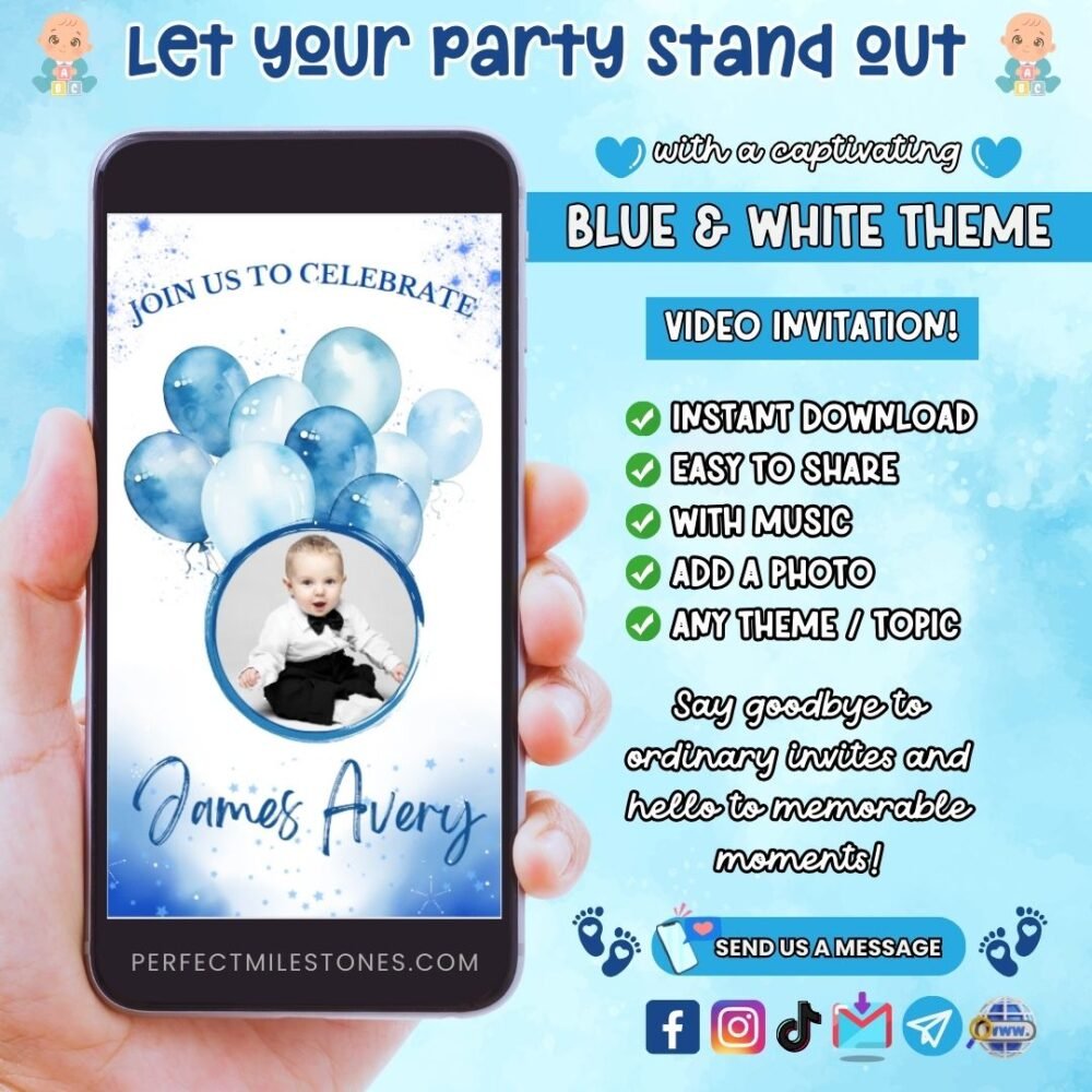 Blue & White Birthday And Baptism Themed Digital Video Invitation