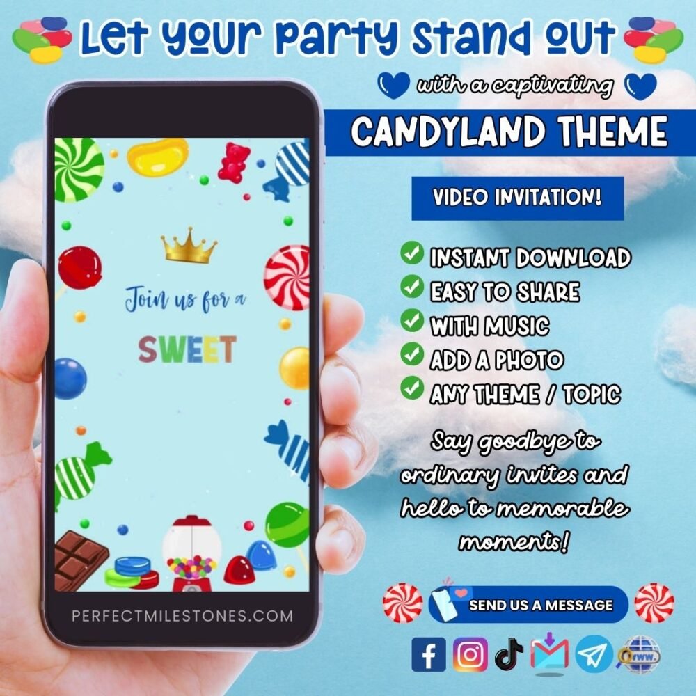 Candyland Boy 1 Birthday Themed Digital Video Invitation