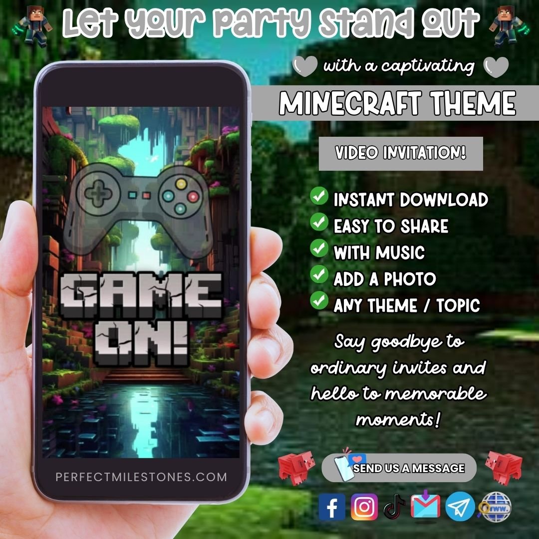 Minecraft Birthday Themed Digital Video Invitation