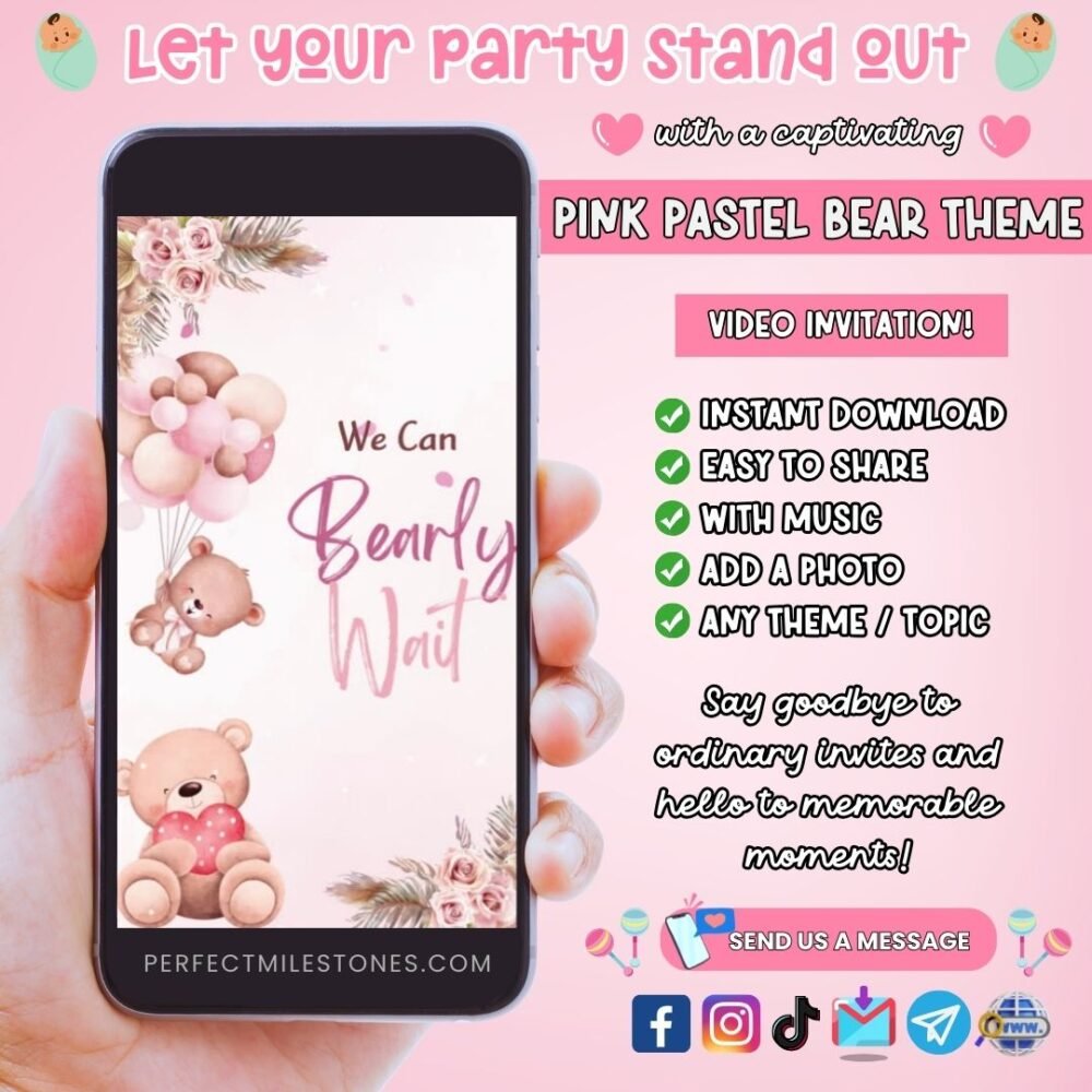 Pink Pastel Bear Baptism Themed Digital Video Invitation