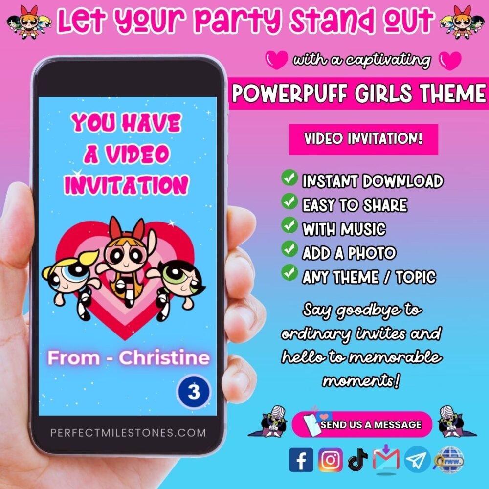 Powerpuff Girls 2 Birthday Themed Digital Video Invitation