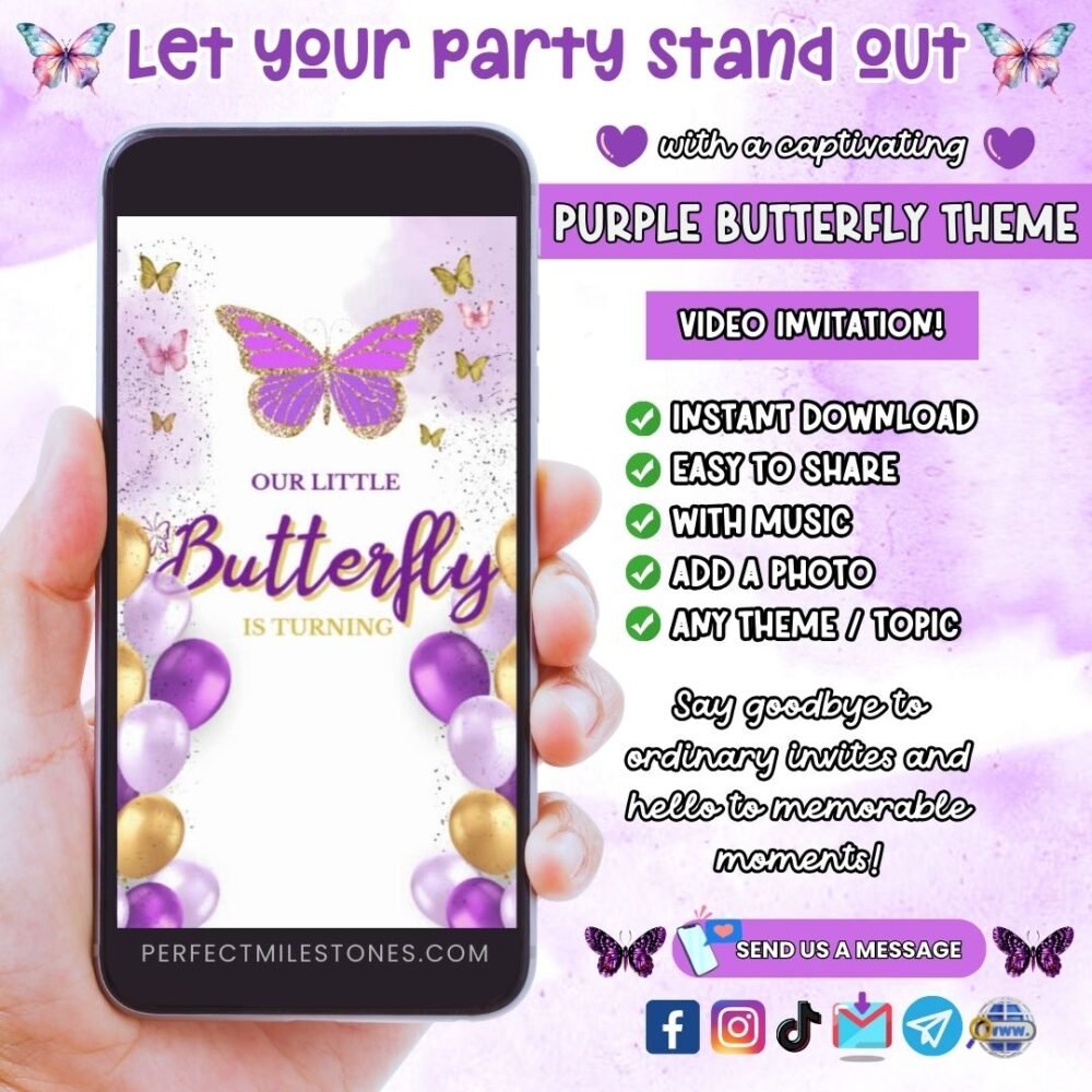 Purple Butterfly Birthday Themed Digital Video Invitation