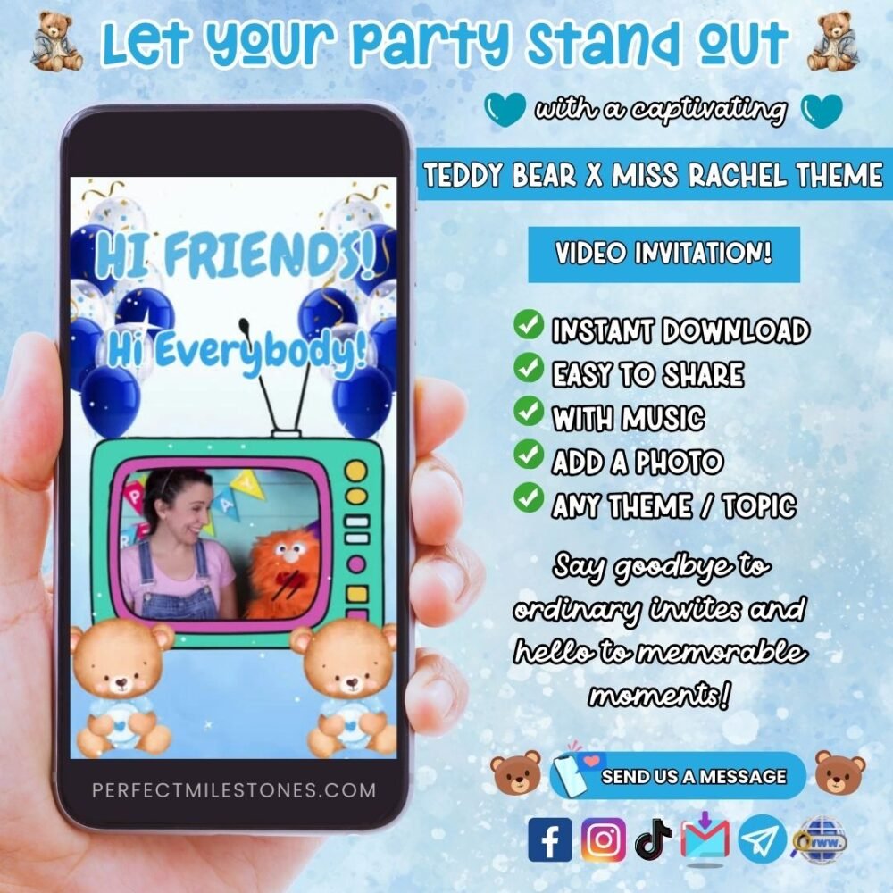 Teddy Bear x Miss Rachel Birthday Themed Digital Video Invitation