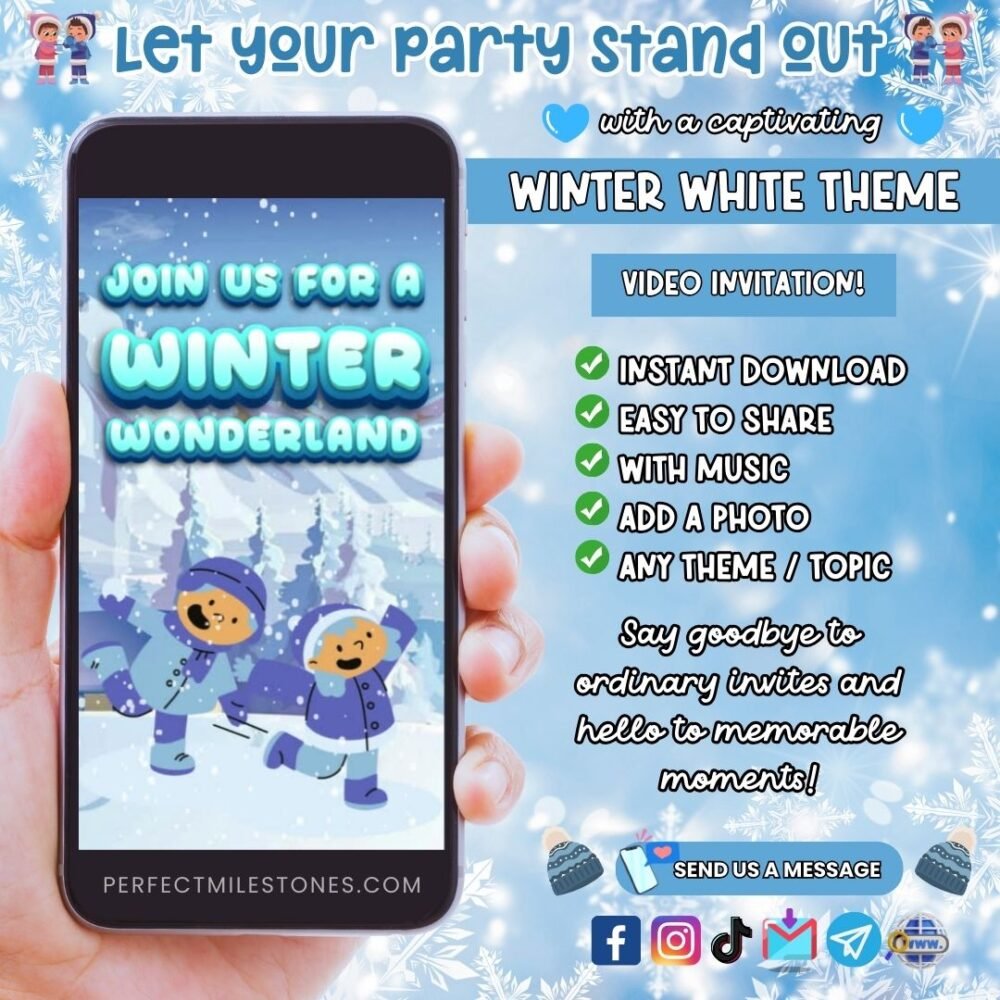 Winter White 1 Birthday Themed Digital Video Invitation