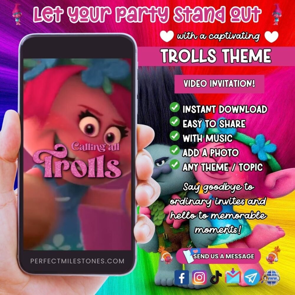 Trolls Birthday Themed Digital Video Invitation