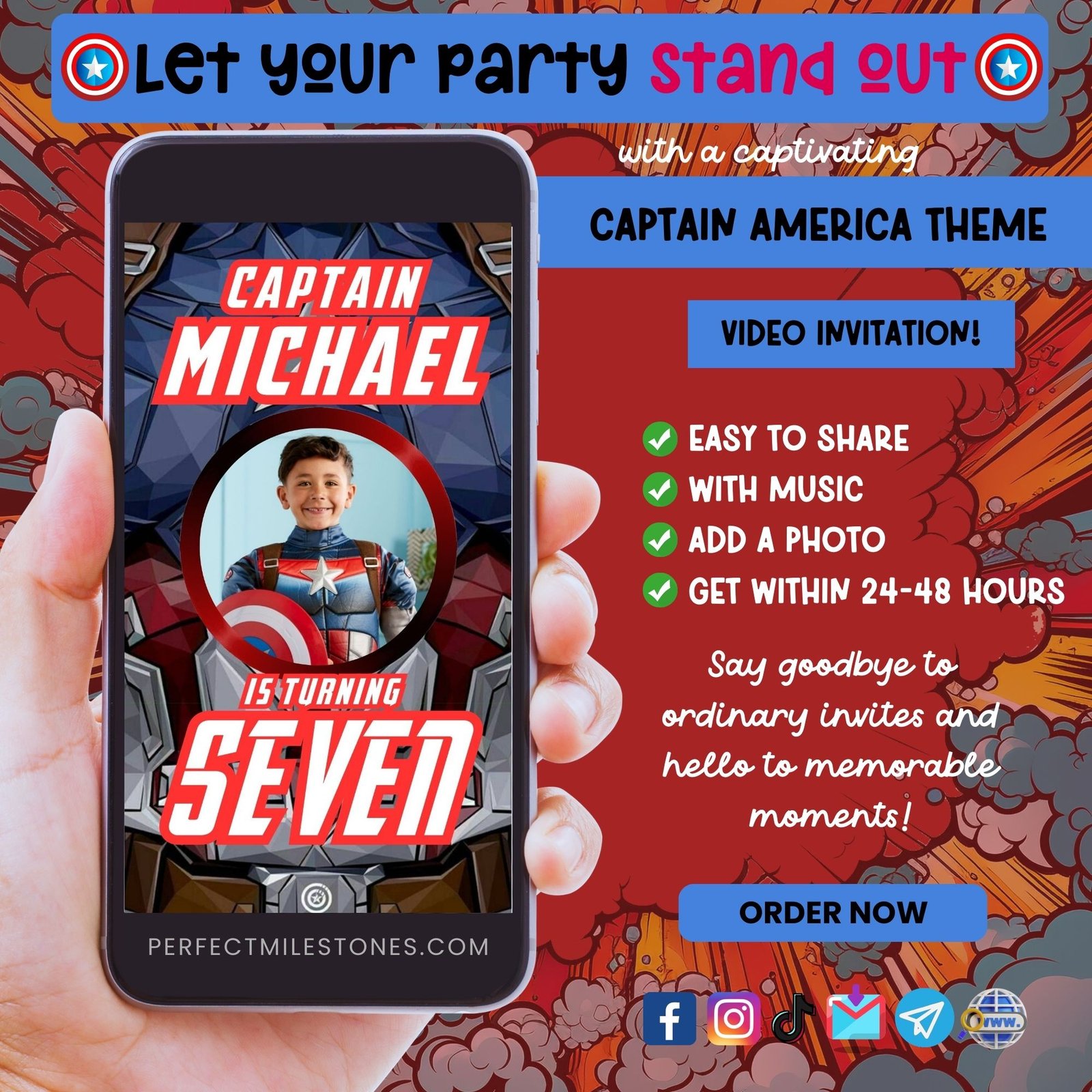 Captain America Theme Digital Video Invitation - Perfect Milestones