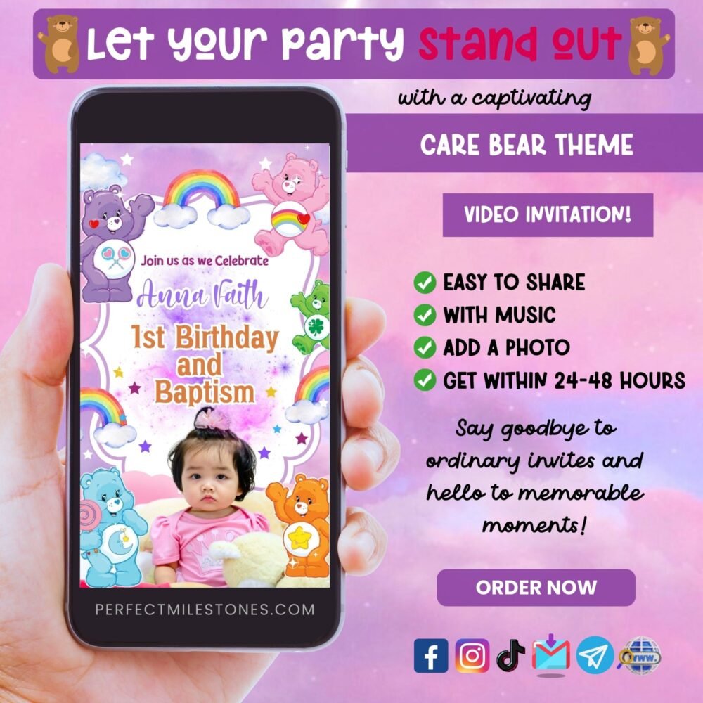 Care Bear Theme Digital Video Invitation