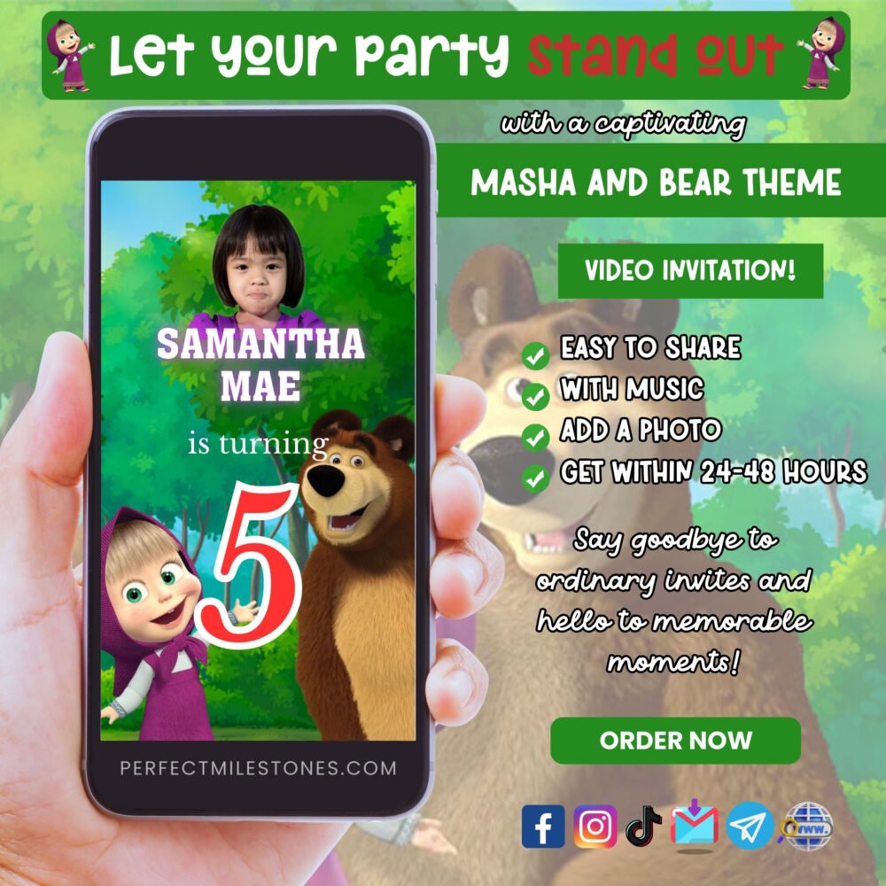 Masha and Bear Theme Digital Video Invitation